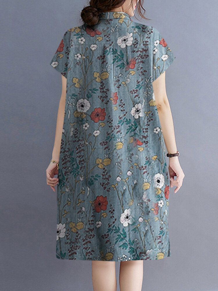 Blomster Abstrakt Paint Print Button Pocket Lapel Midi Dress