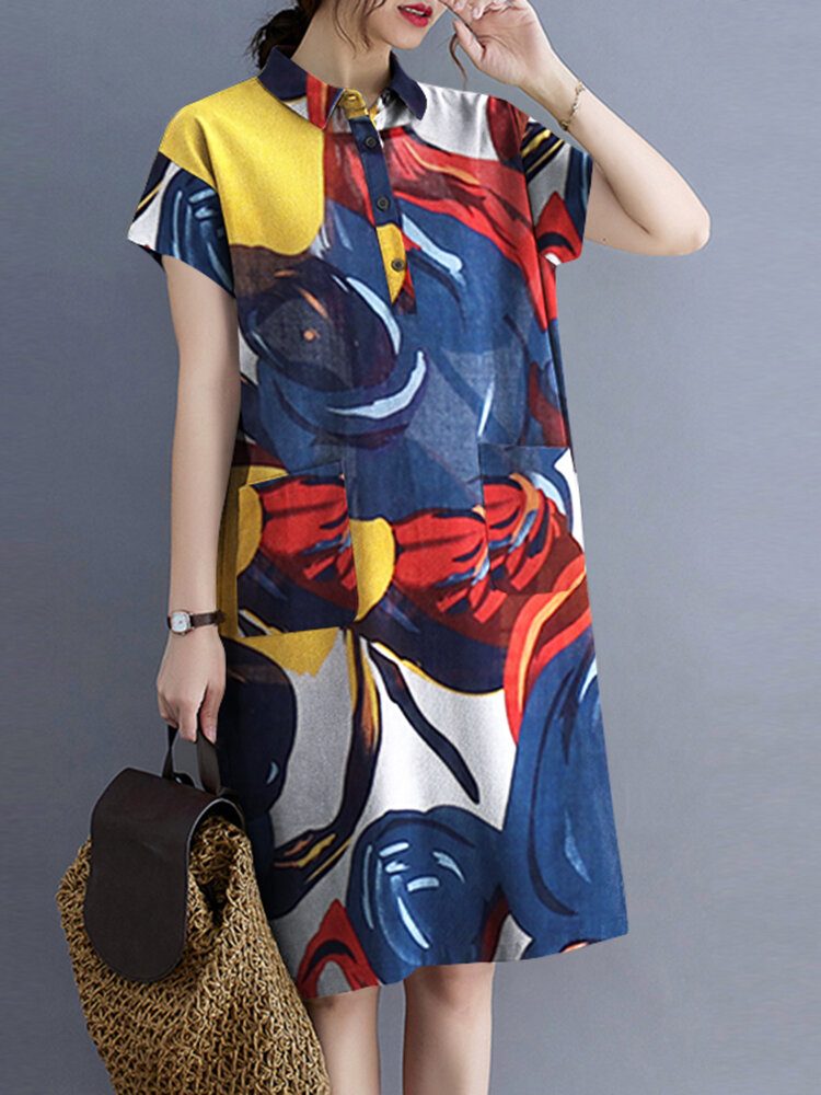 Blomster Abstrakt Paint Print Button Pocket Lapel Midi Dress