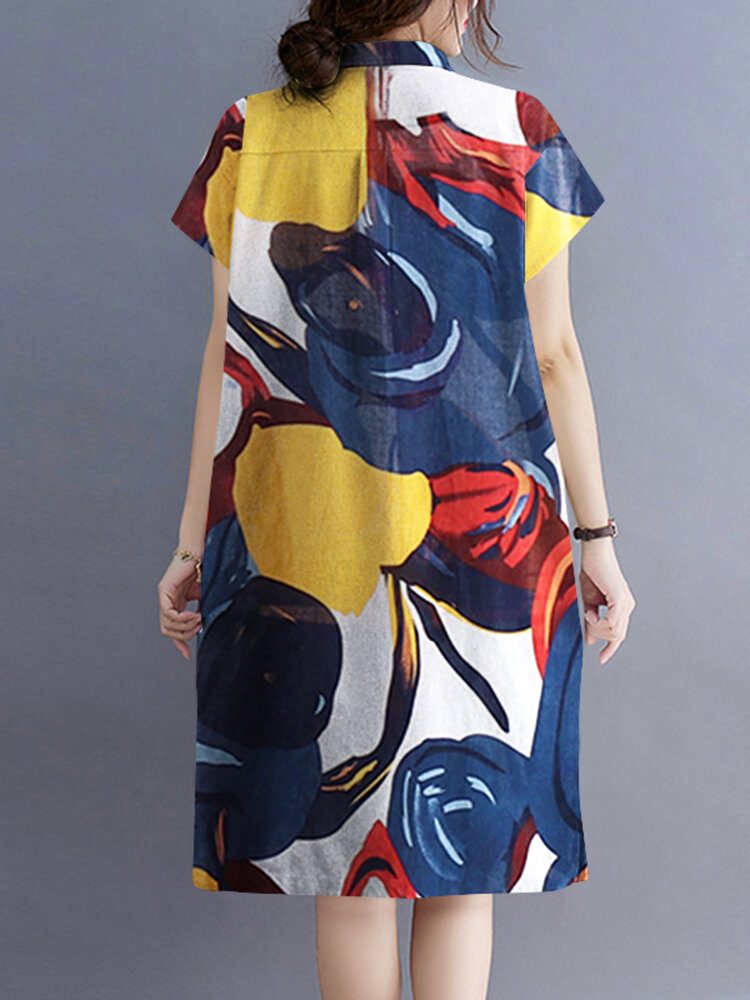 Blomster Abstrakt Paint Print Button Pocket Lapel Midi Dress