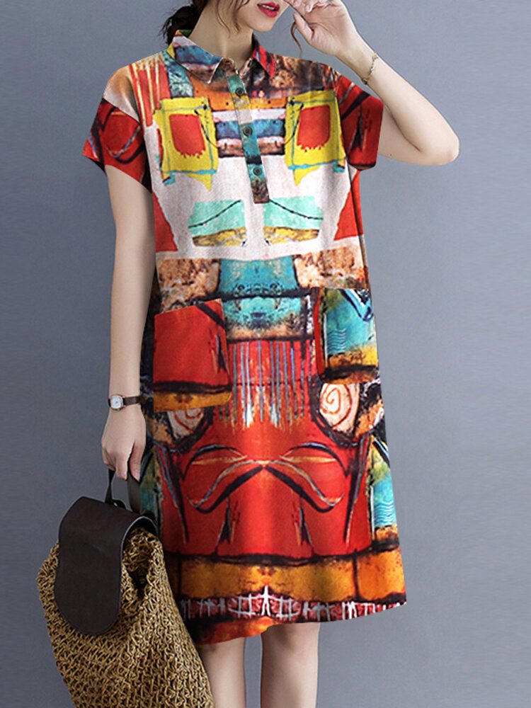 Blomster Abstrakt Paint Print Button Pocket Lapel Midi Dress