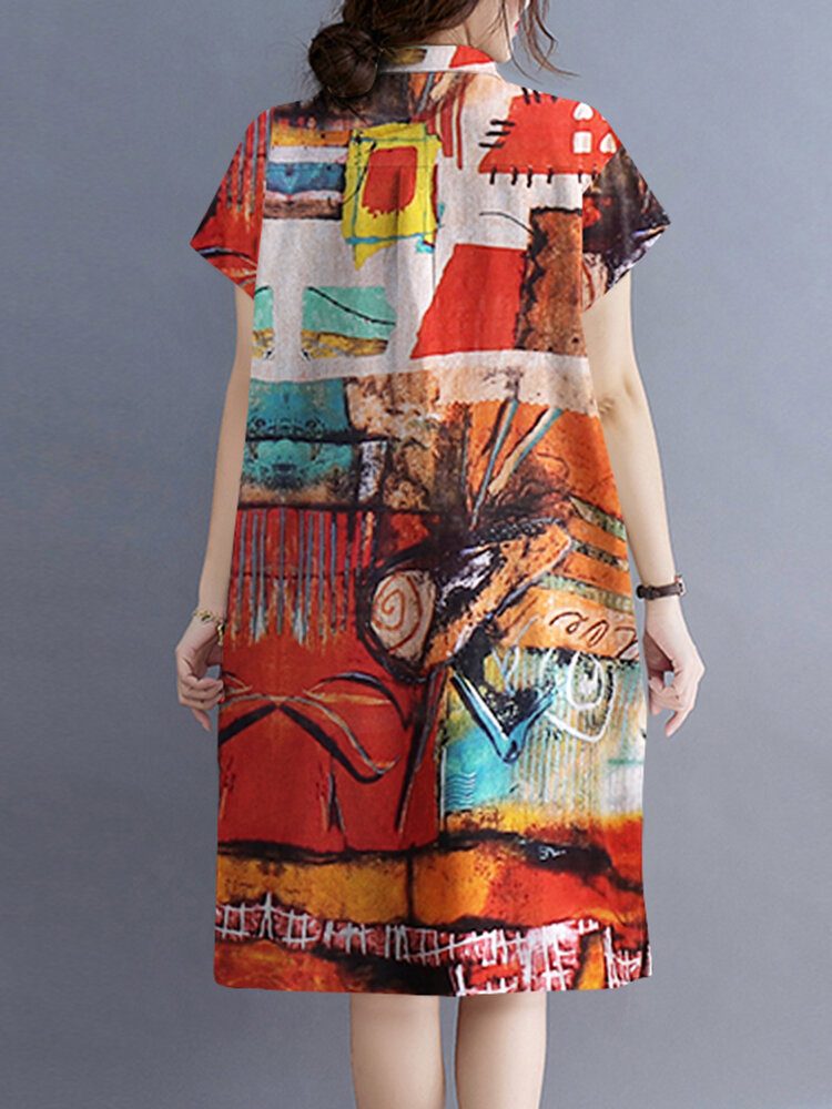 Blomster Abstrakt Paint Print Button Pocket Lapel Midi Dress