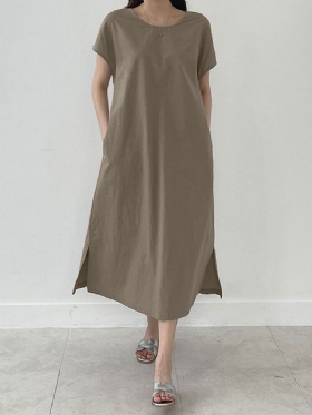 Bomull Solid Split Pocket Kortermet Casual Midi-kjole