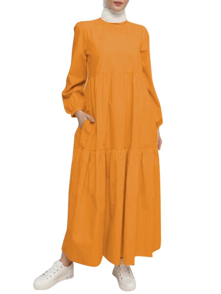 Dame Solid Crew Neck Layered Back Buttons Abaya Kaftan Dress