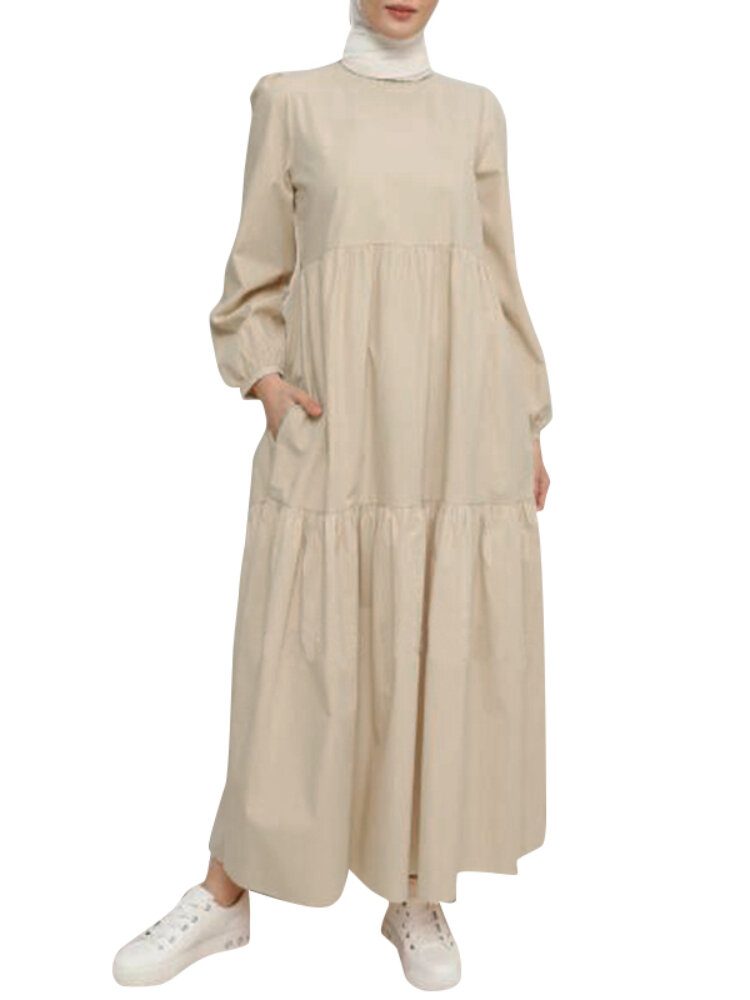 Dame Solid Crew Neck Layered Back Buttons Abaya Kaftan Dress