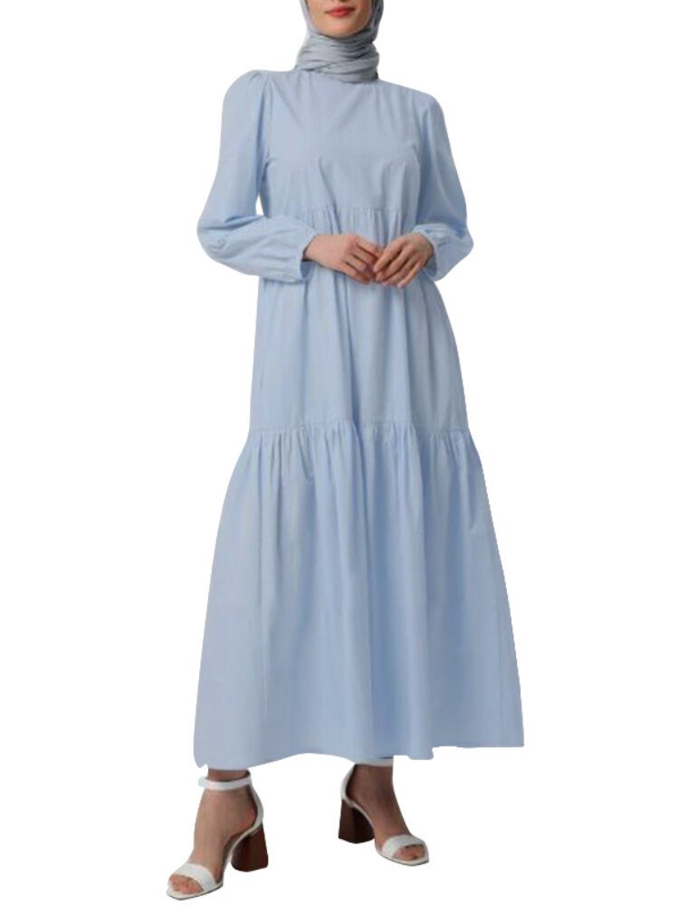 Dame Solid Crew Neck Layered Back Buttons Abaya Kaftan Dress