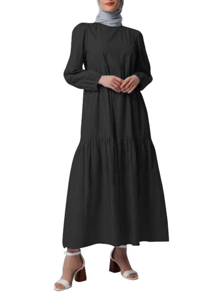 Dame Solid Crew Neck Layered Back Buttons Abaya Kaftan Dress