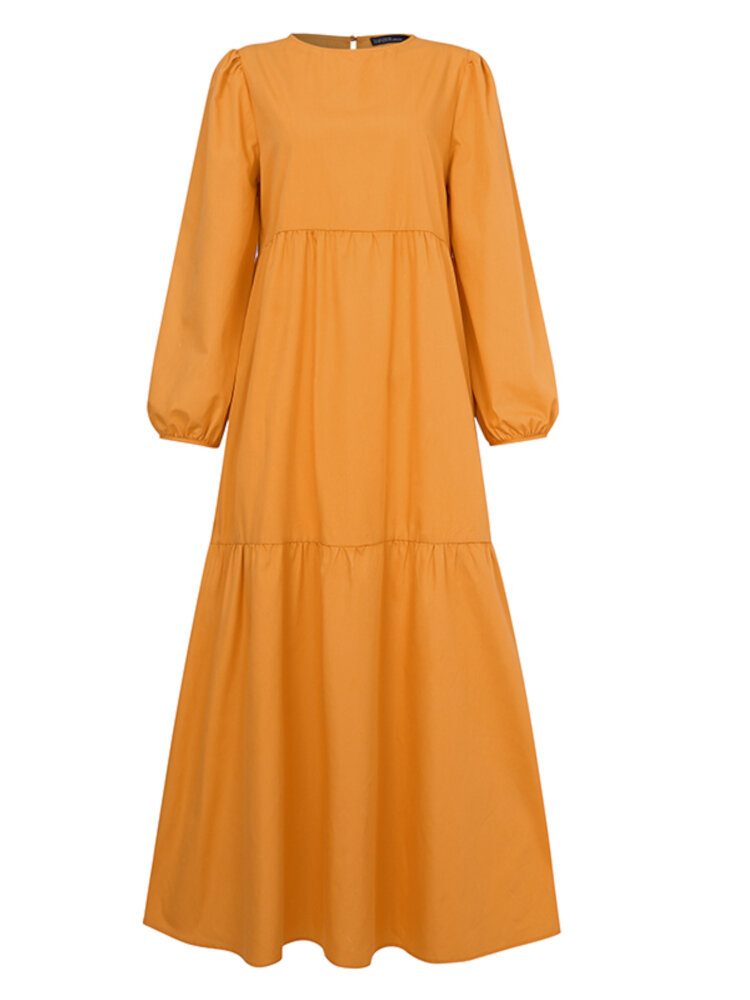 Dame Solid Crew Neck Layered Back Buttons Abaya Kaftan Dress