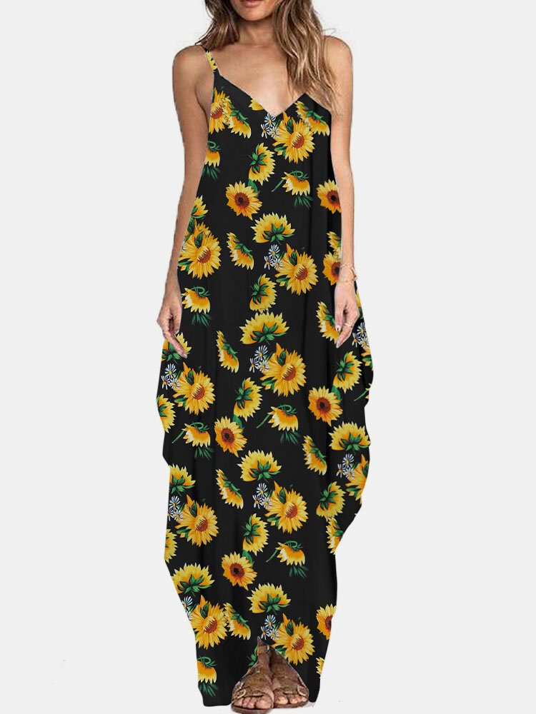 Flower Print V-hals Ermeløs Irregular Maxi Dress