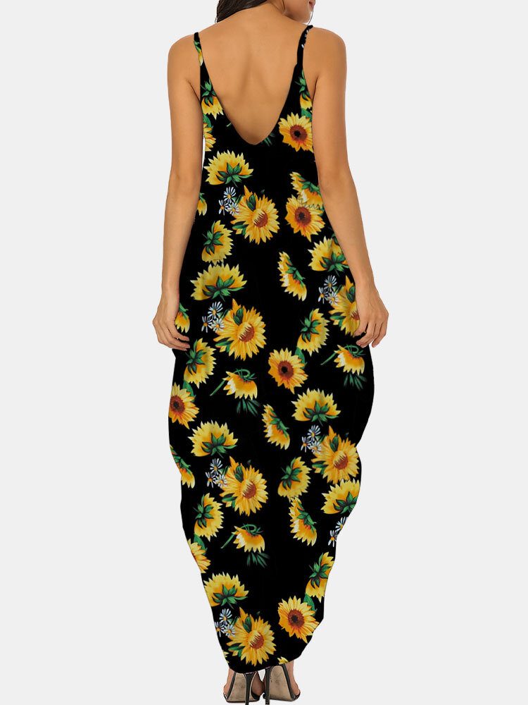 Flower Print V-hals Ermeløs Irregular Maxi Dress