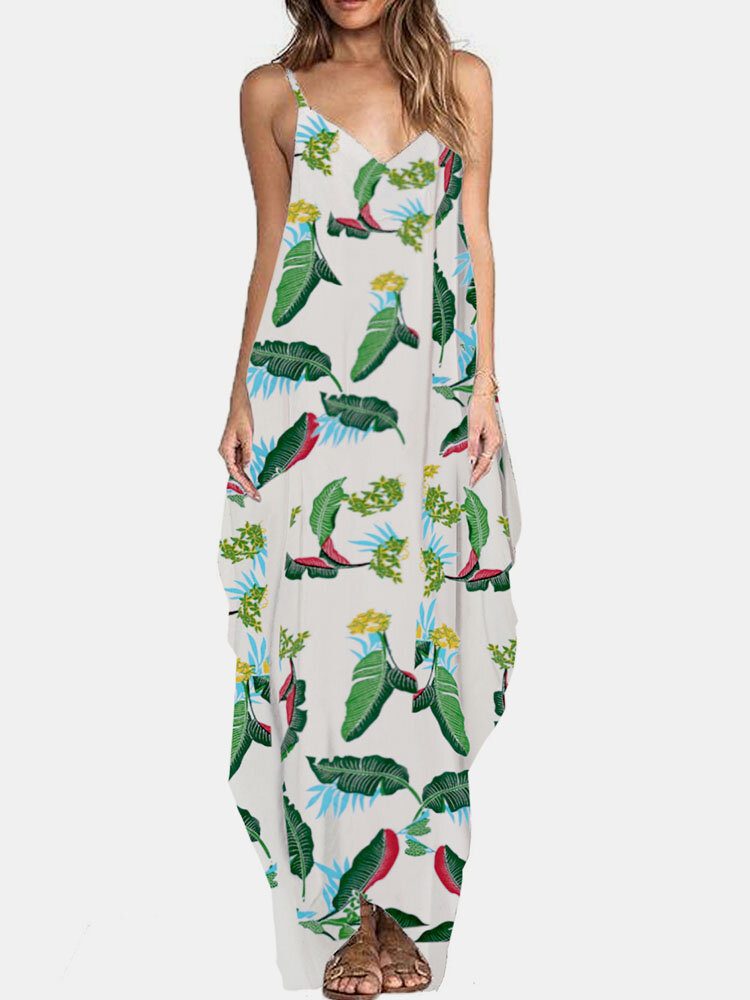 Flower Print V-hals Ermeløs Irregular Maxi Dress