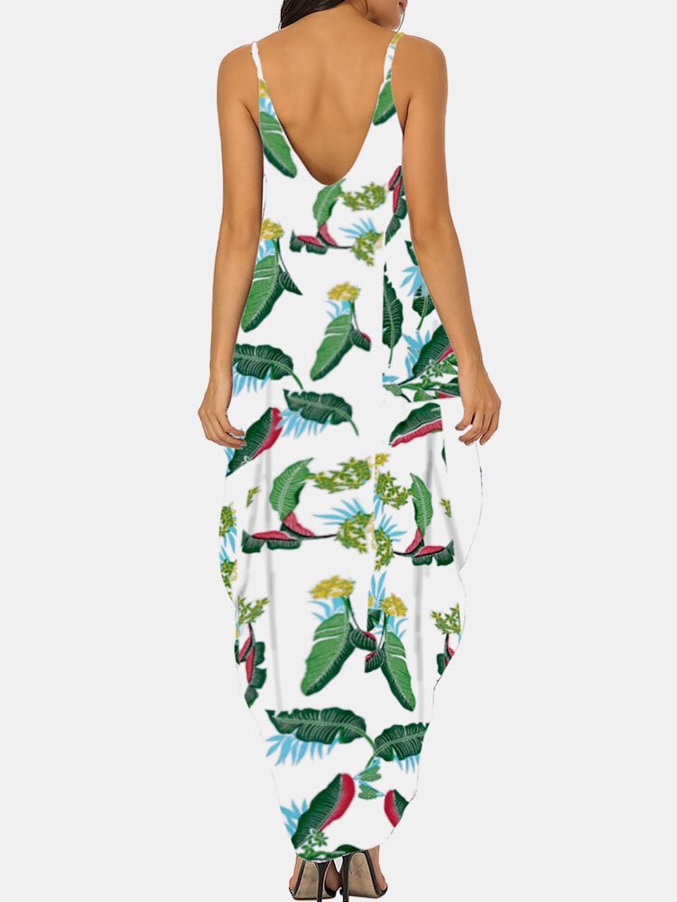 Flower Print V-hals Ermeløs Irregular Maxi Dress