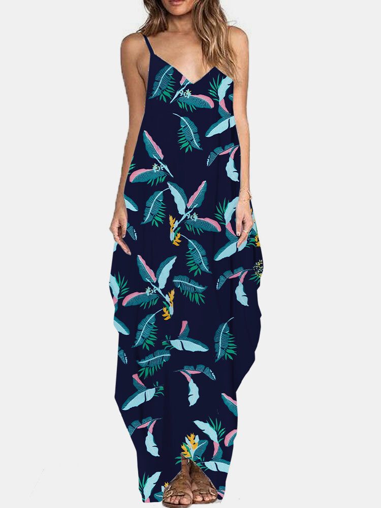 Flower Print V-hals Ermeløs Irregular Maxi Dress