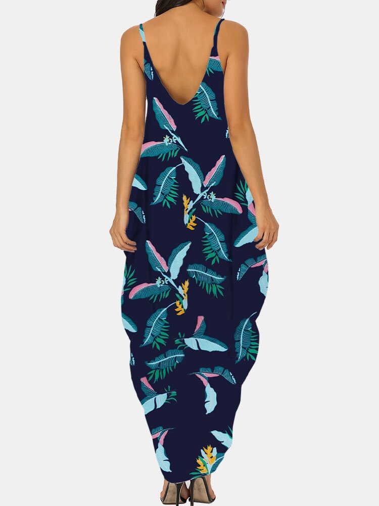 Flower Print V-hals Ermeløs Irregular Maxi Dress