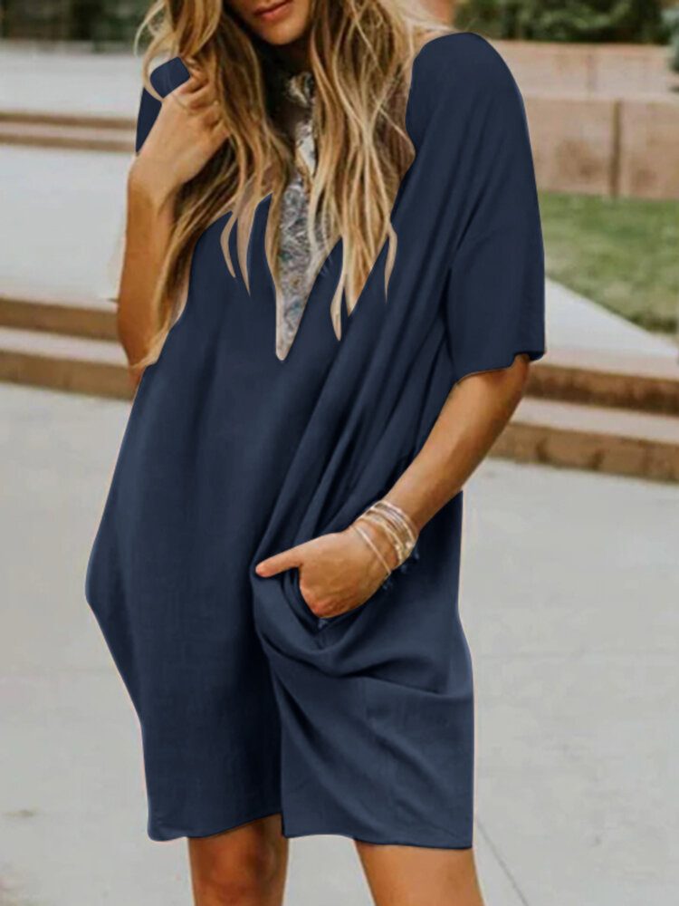 Fritid Solid Pocket Half Sleeve Midi Dress