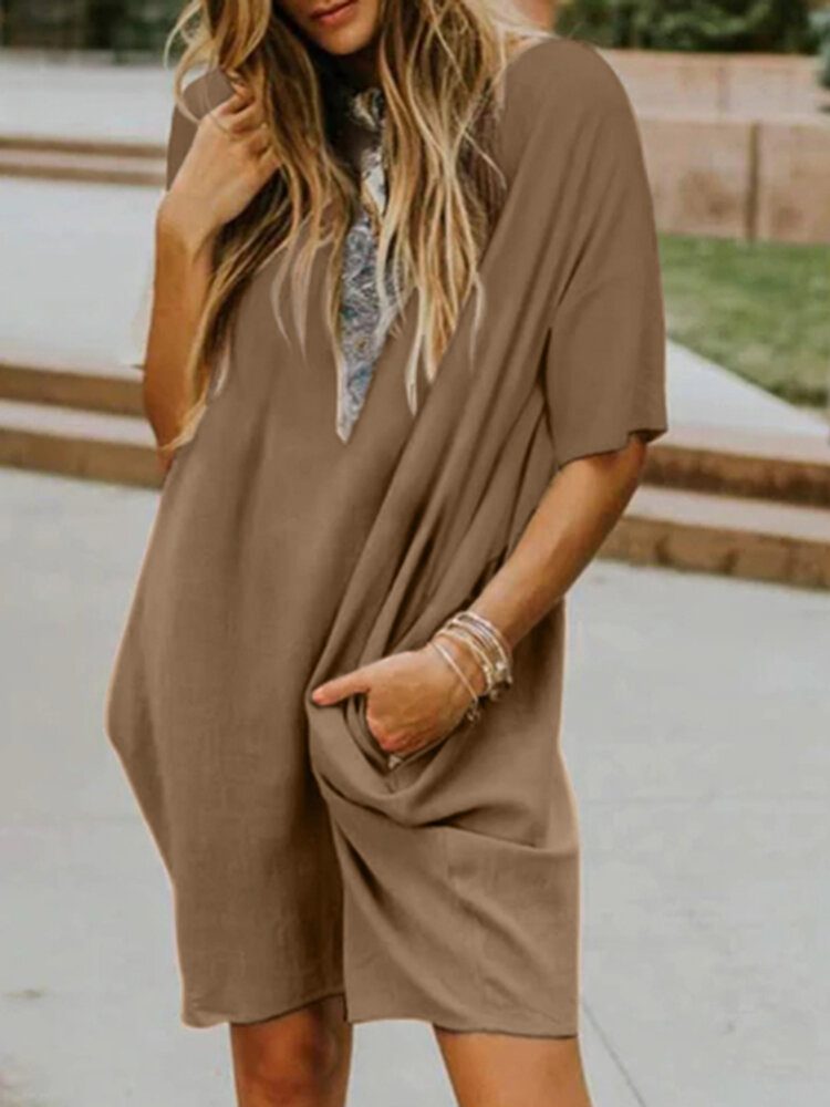 Fritid Solid Pocket Half Sleeve Midi Dress