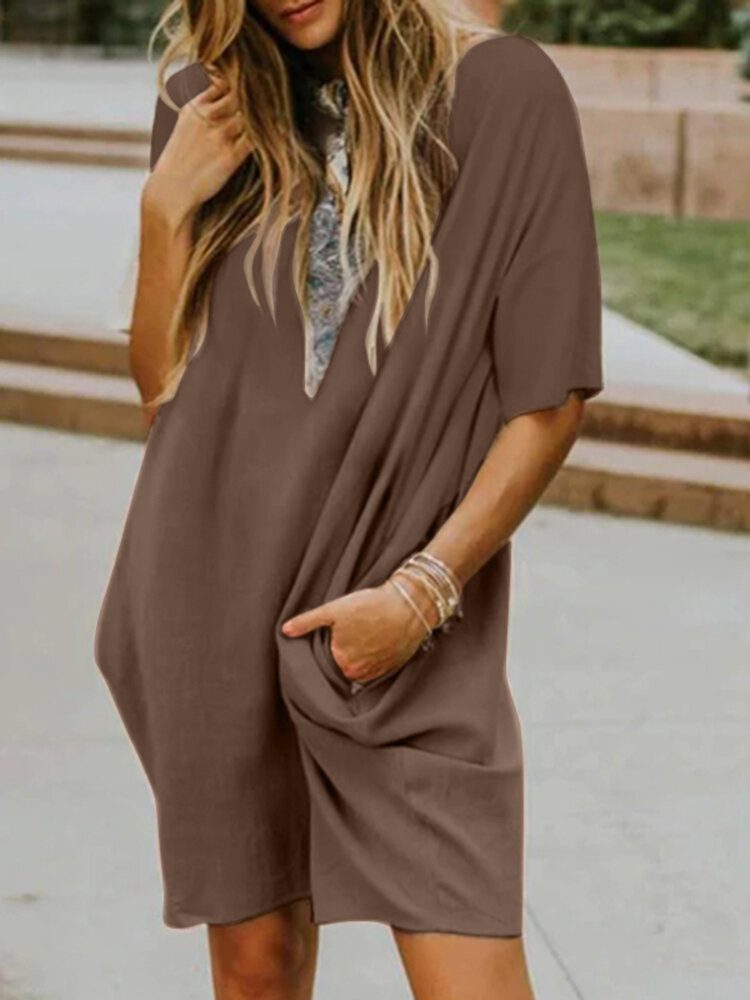 Fritid Solid Pocket Half Sleeve Midi Dress