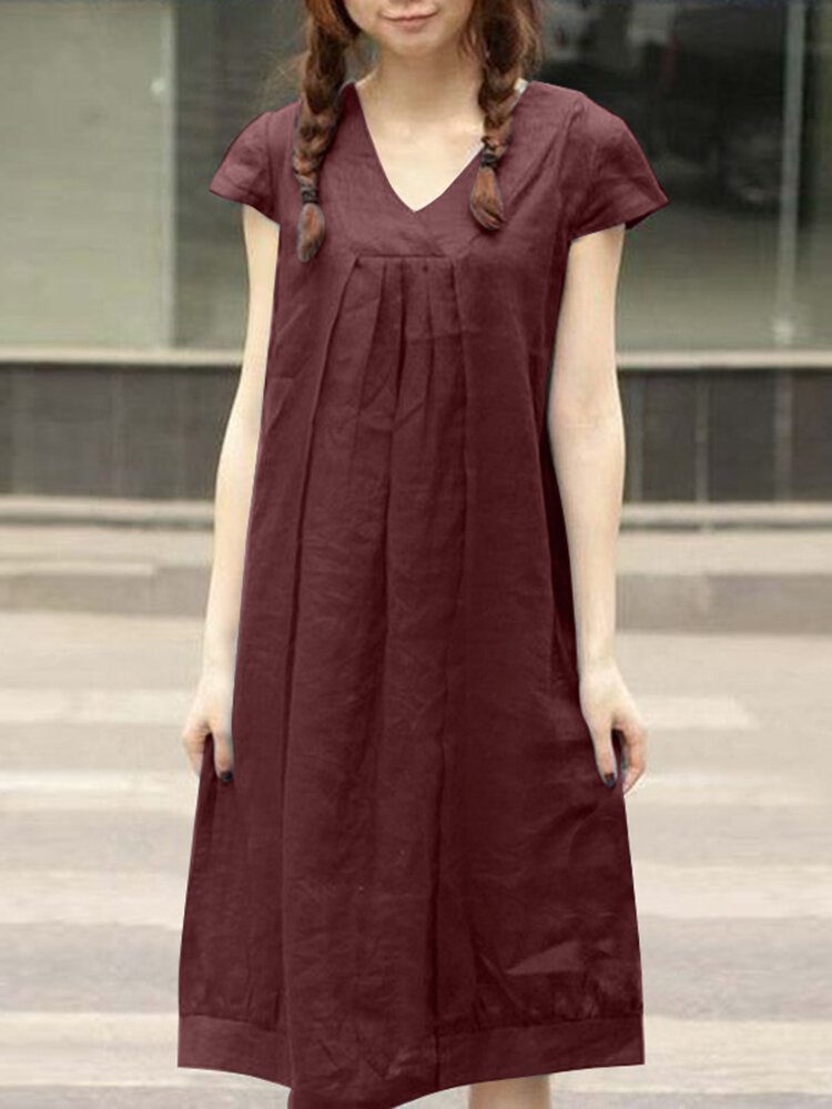 Fritid Solid Ruched Kortermet Midi Cotton Dress