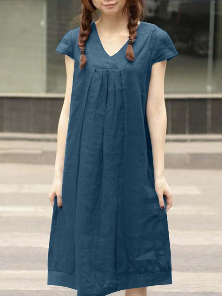 Fritid Solid Ruched Kortermet Midi Cotton Dress