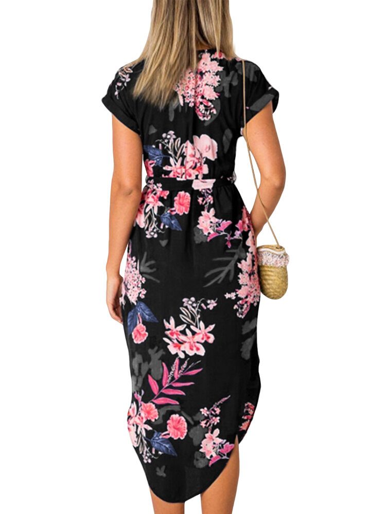 Ikke-elastisk V-hals Floral Printed Split Floral Casual Dress For Women