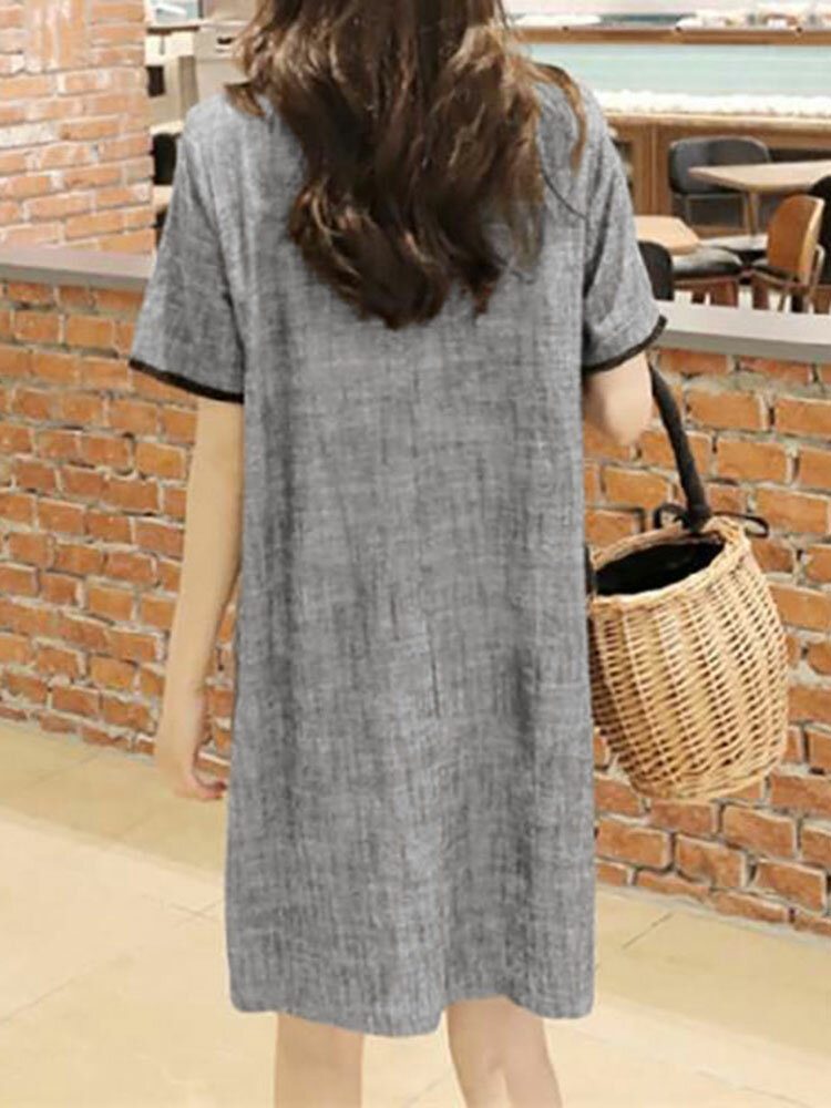 Kontrastfarge Pocket Kortermet Midi Casual Dress