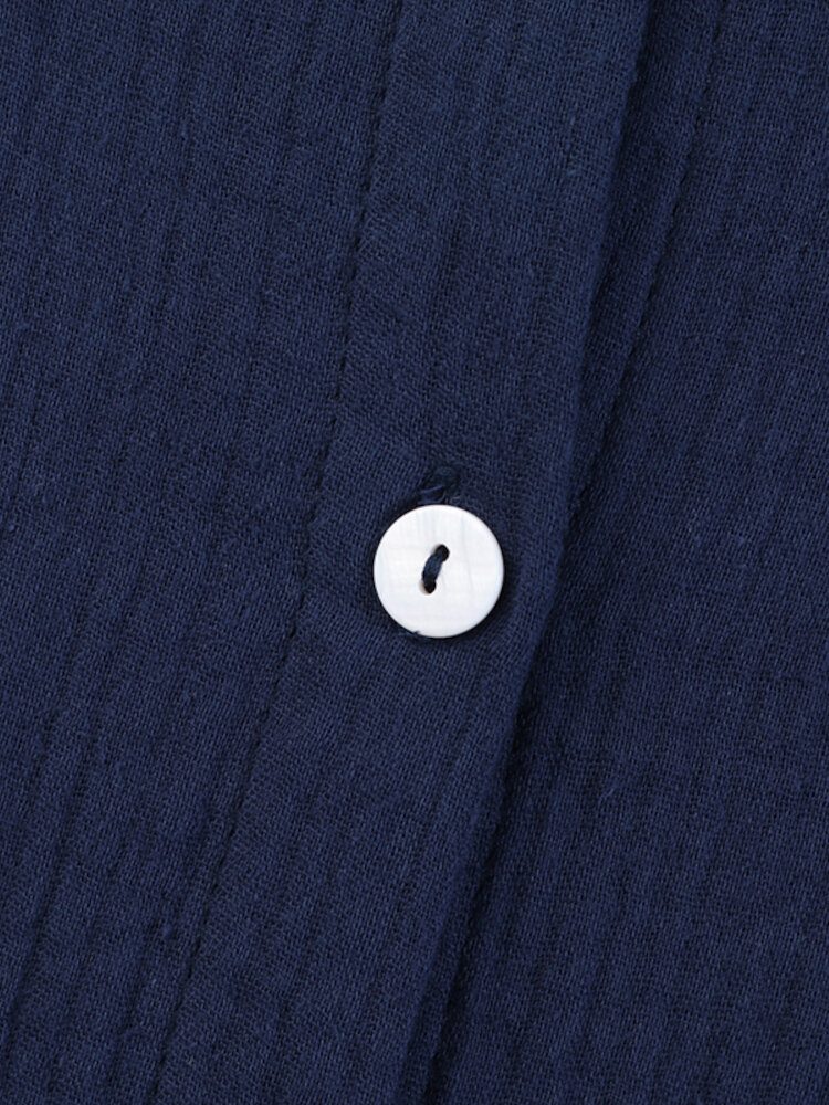 Kvinner 100% Bomull Sidelommer Skjorte Med Solide Knapper Lapel Midi-kjoler