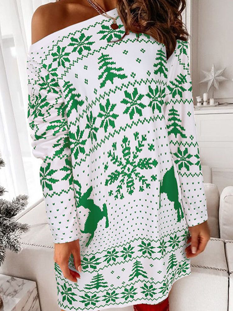 Kvinner Jul Strikket Snowflake Deer Print Crew Neck Casual Gensere