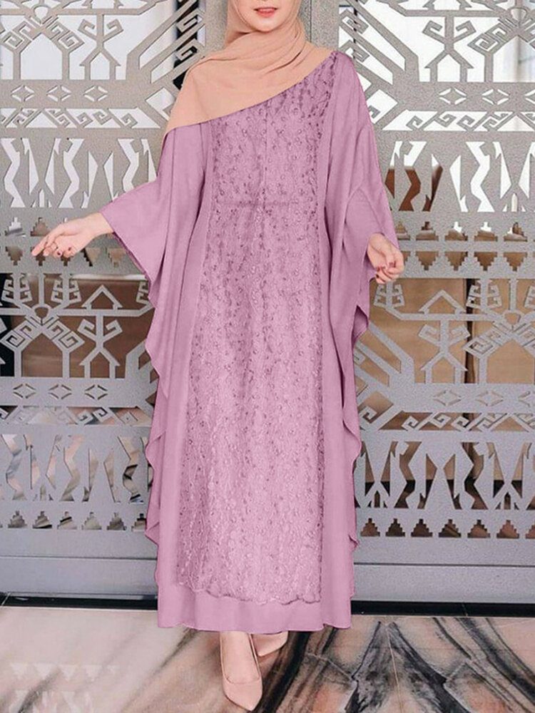 Kvinner Langermet Blonder Patchwork Flaggermusermer Kaftan Tunika Ensfarget Plisserte Midi-kjoler