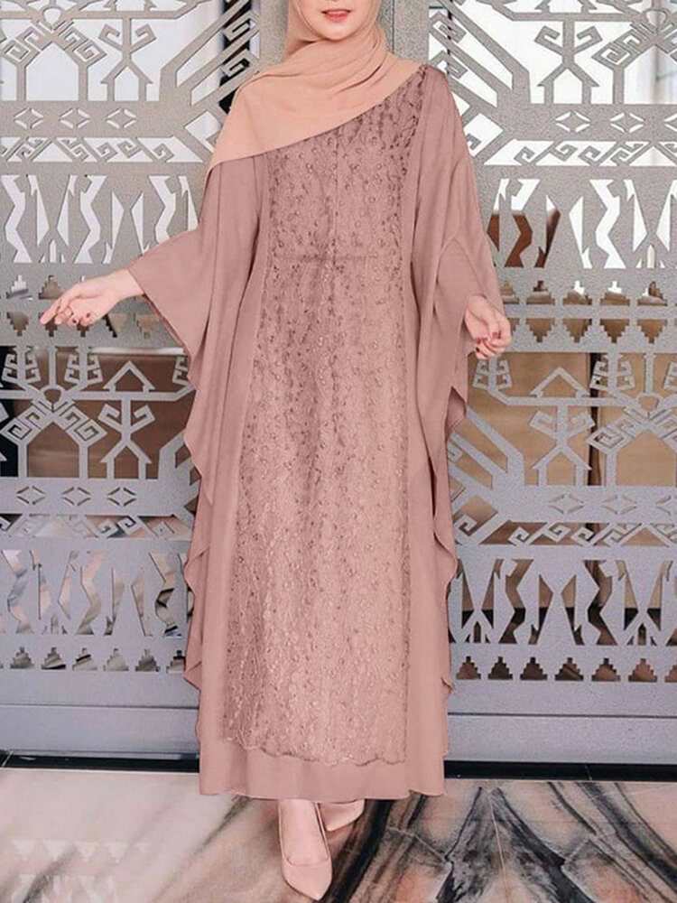 Kvinner Langermet Blonder Patchwork Flaggermusermer Kaftan Tunika Ensfarget Plisserte Midi-kjoler