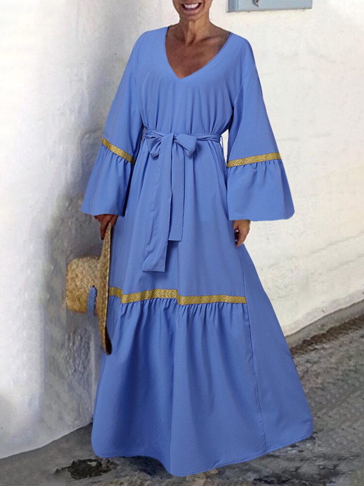 Kvinner Langermet Løse Flare Sleeve Skjøt Solid Geometriske Maxi Lengde Midi-kjoler