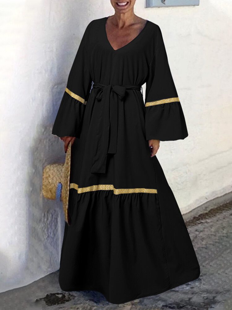 Kvinner Langermet Løse Flare Sleeve Skjøt Solid Geometriske Maxi Lengde Midi-kjoler