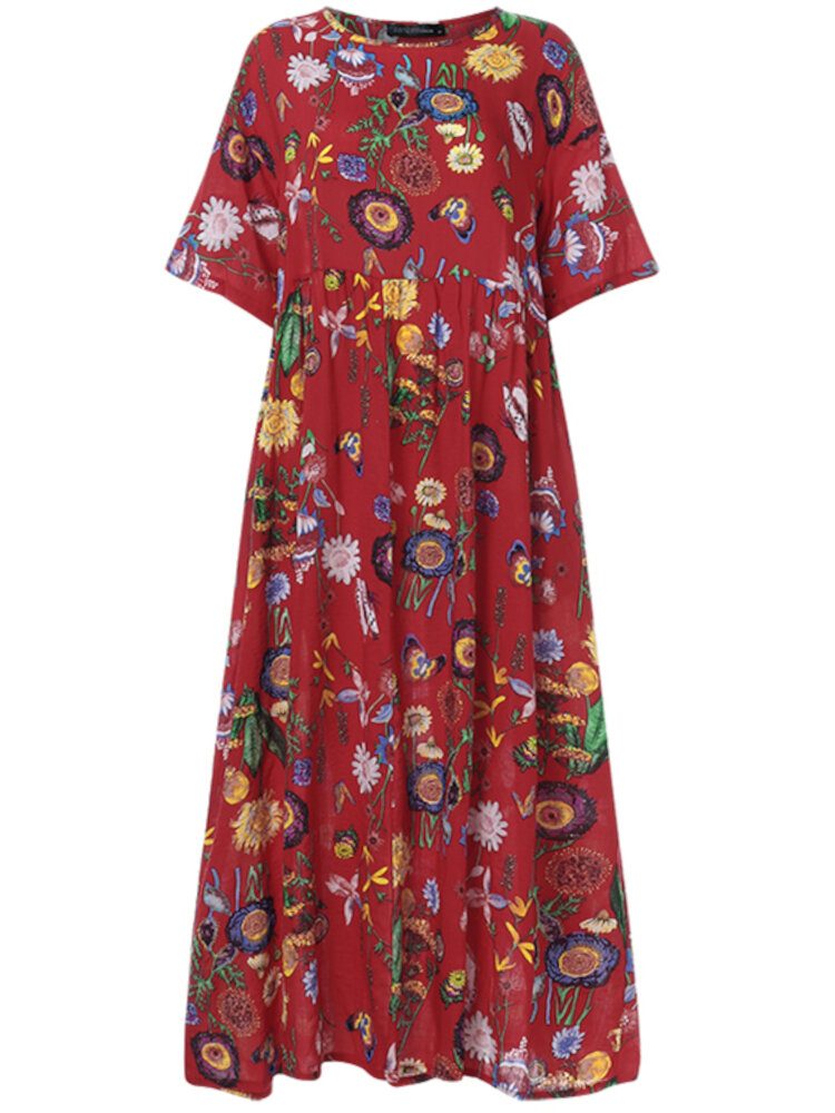 Kvinner Loose Fit Casual Bohemian Retro Style Flower Rund Neck Dress