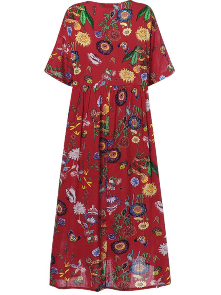 Kvinner Loose Fit Casual Bohemian Retro Style Flower Rund Neck Dress