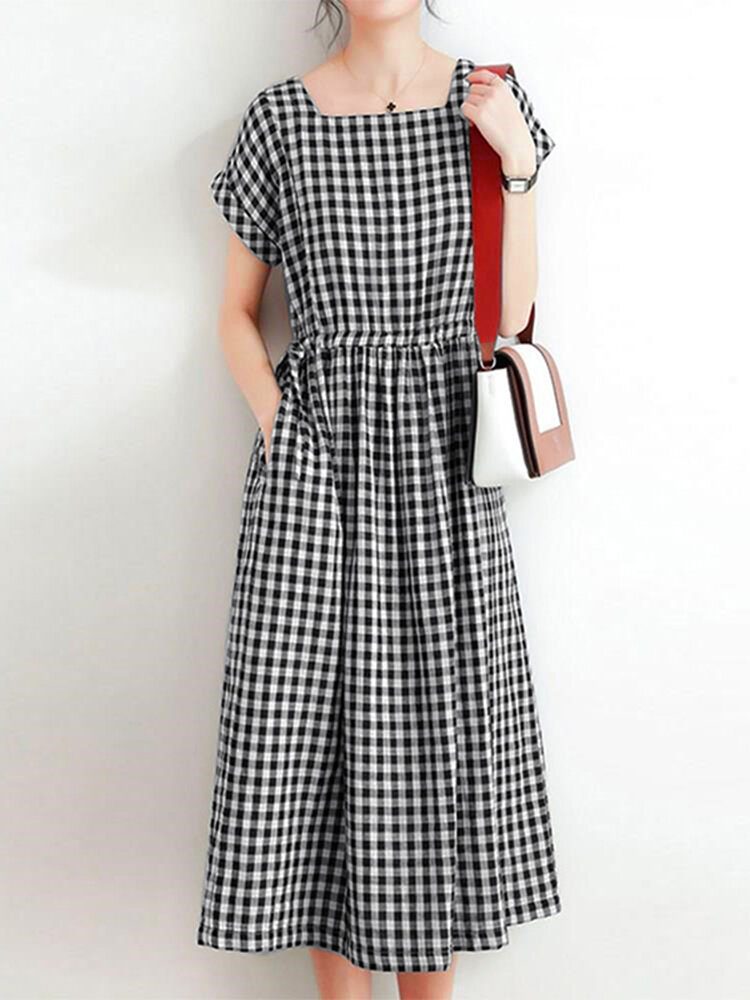 Kvinner Squre Neck Plaid Legglengde Sidelommer Uformelle Midi-kjoler