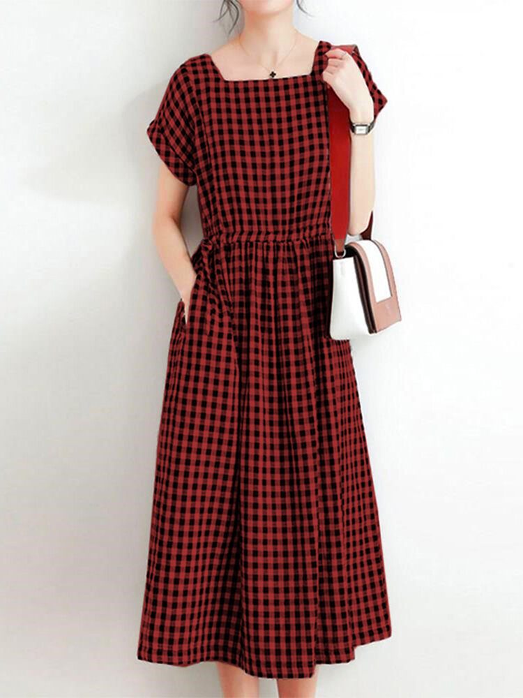 Kvinner Squre Neck Plaid Legglengde Sidelommer Uformelle Midi-kjoler