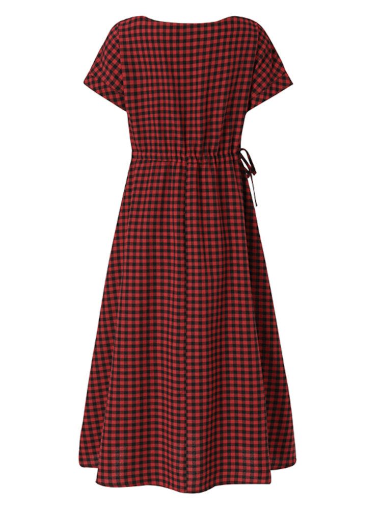 Kvinner Squre Neck Plaid Legglengde Sidelommer Uformelle Midi-kjoler