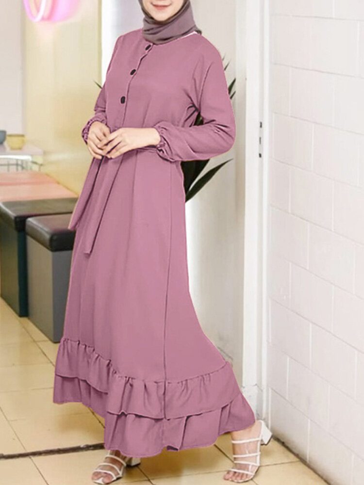 Langermede Solide Volanger For Kvinner Hem Abaya Kaftan Plisser Midi-kjoler Med Knapper