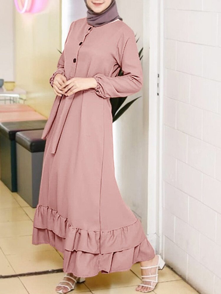 Langermede Solide Volanger For Kvinner Hem Abaya Kaftan Plisser Midi-kjoler Med Knapper