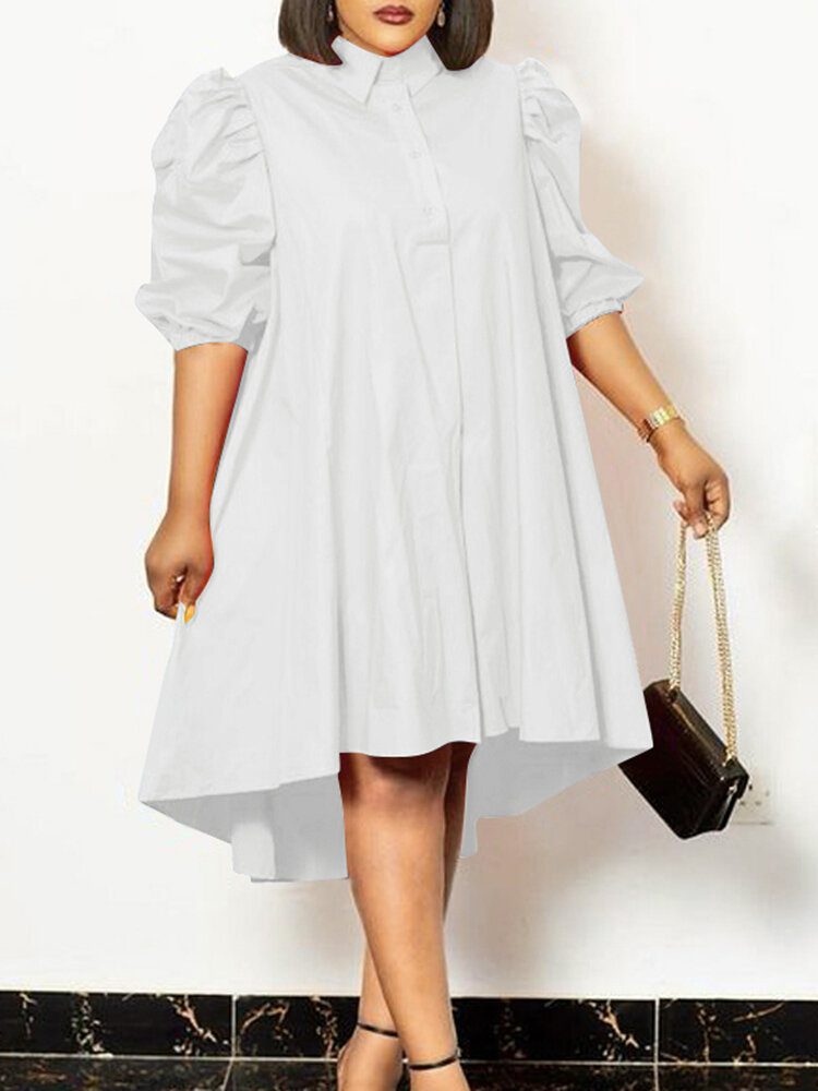 Lapel Solid Leisure Casual Puff Sleeve Dress For Women