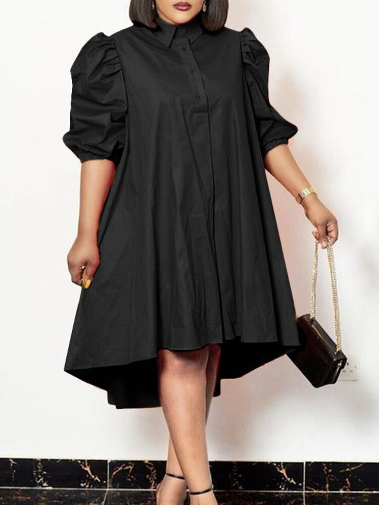 Lapel Solid Leisure Casual Puff Sleeve Dress For Women