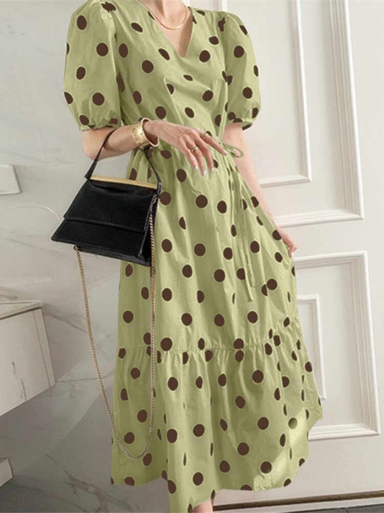 Polka Dot Print Half Erme V-hals Puff Snøring Kjole