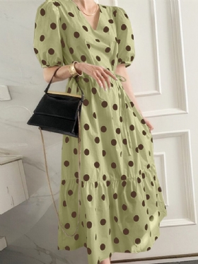 Polka Dot Print Half Erme V-hals Puff Snøring Kjole