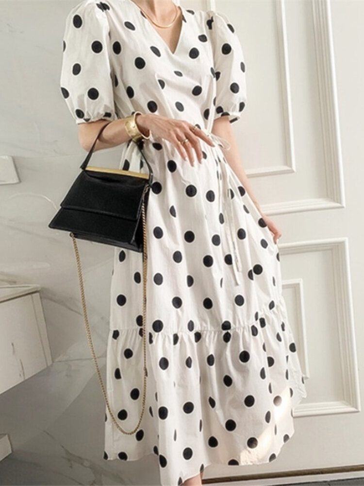 Polka Dot Print Half Erme V-hals Puff Snøring Kjole