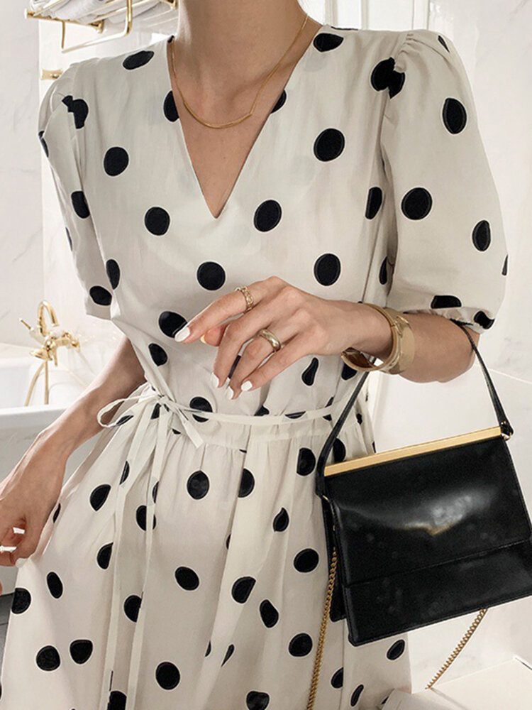 Polka Dot Print Half Erme V-hals Puff Snøring Kjole