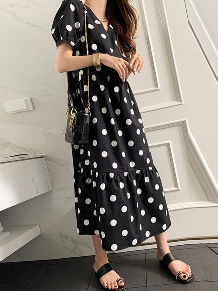 Polka Dot Print Half Erme V-hals Puff Snøring Kjole