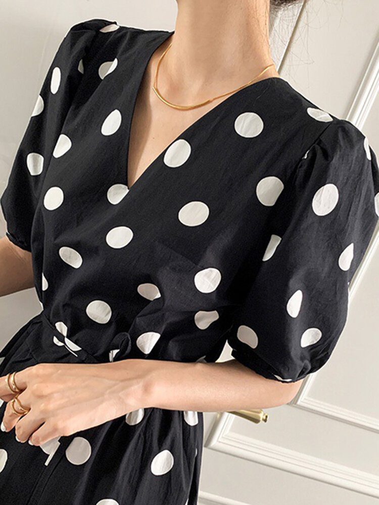 Polka Dot Print Half Erme V-hals Puff Snøring Kjole