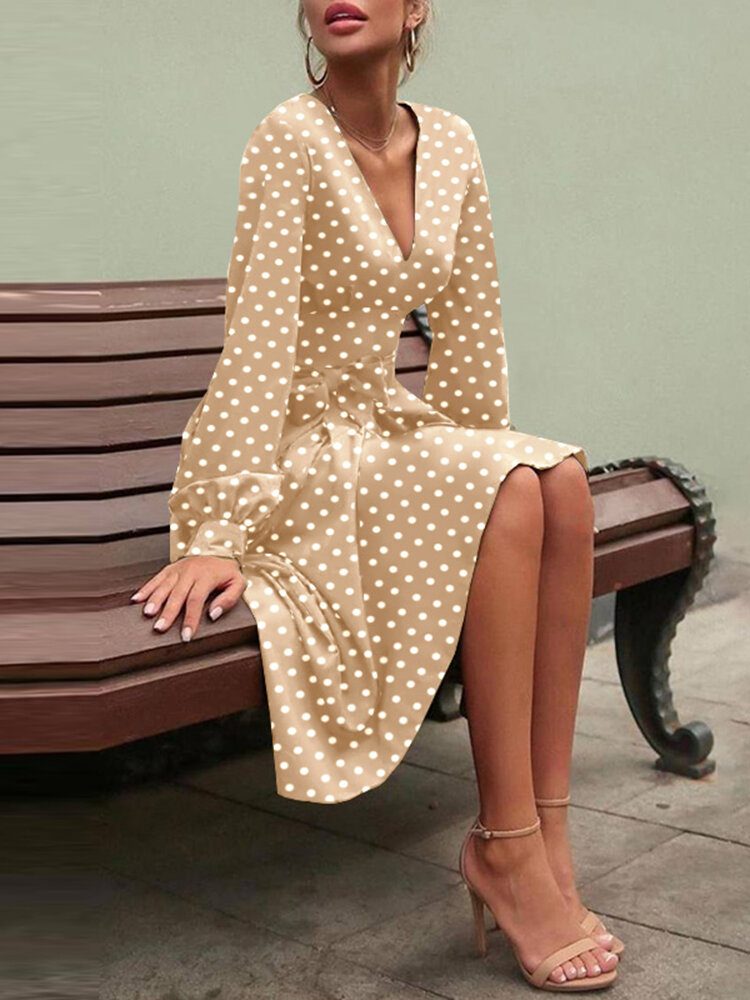 Polka Dot Print Langermet V-hals Knotled Dress