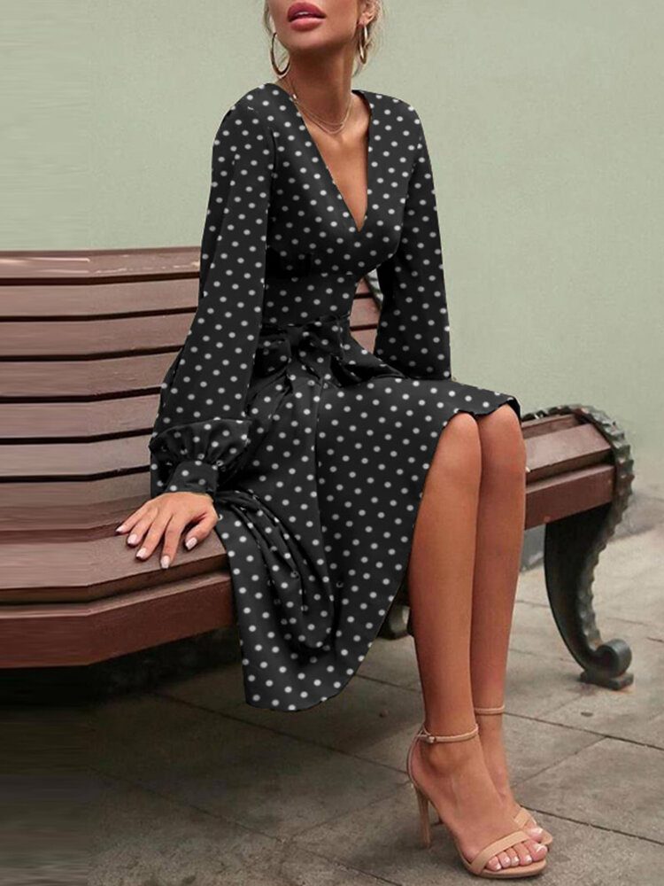 Polka Dot Print Langermet V-hals Knotled Dress