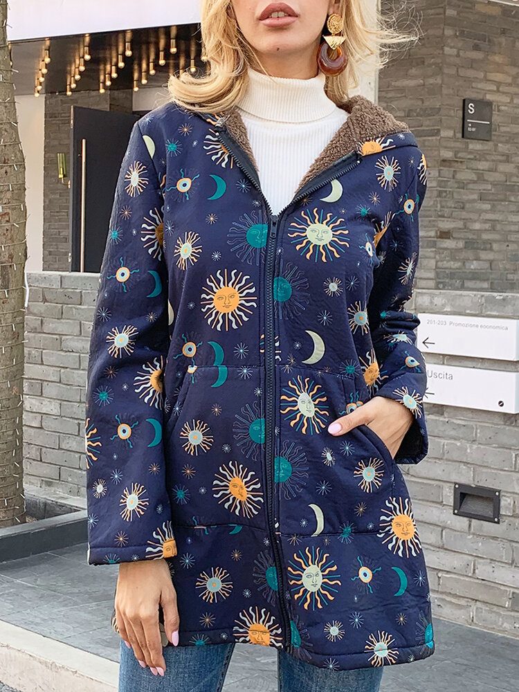 Casual Solor System Print Lommer Langermet Plus Fleece Coats