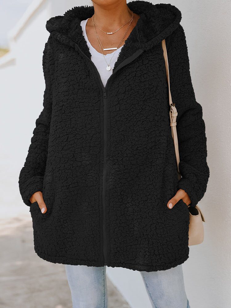 Dame Solid Hette Fleeceglidelås Front Fluffy Løs Casual Coat