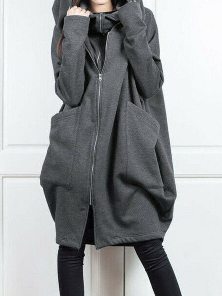 Dame Solid Zip Front Fakes 2 Stk Lomme Hette Casual Coat